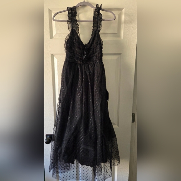 NWT! Lulus- Forever Celebrated Black Swiss Dot Ruched Tulle Midi Dress, Size XS - Picture 3 of 5